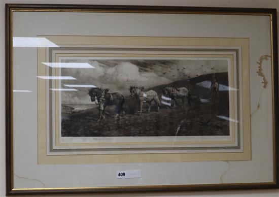 Herbert Thomas Dicksee (1862-1942), etching, Ploughing scene, signed in pencil, 24 x 55cm